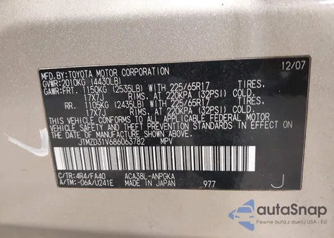 2008 Toyota Rav4 Limited from USA, damaged, VIN JTMZD31V686063782